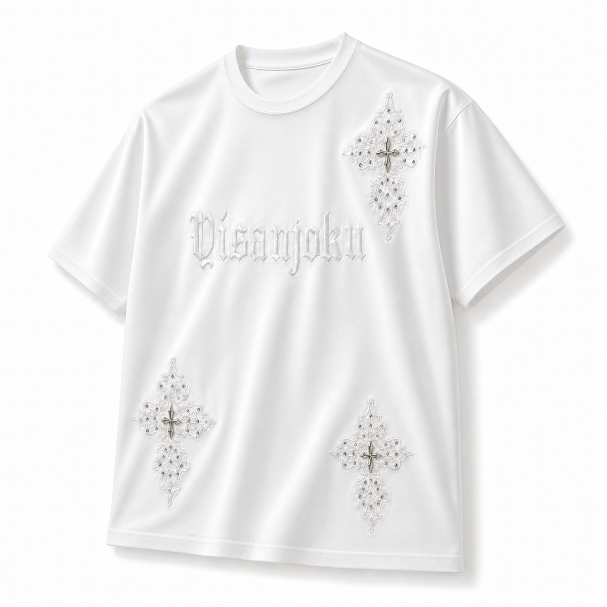 Crystal Cross Tee - silky angled view