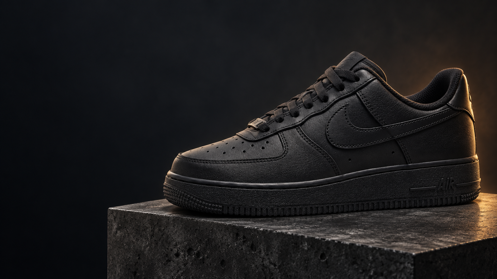 AF1 07 Triple Black on a graphite studio plinth